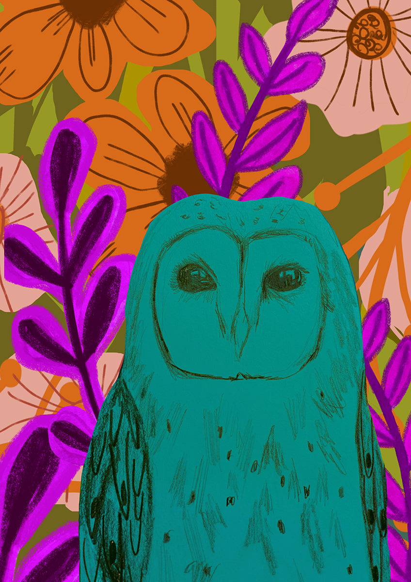 Owl Amongst Flowers Print