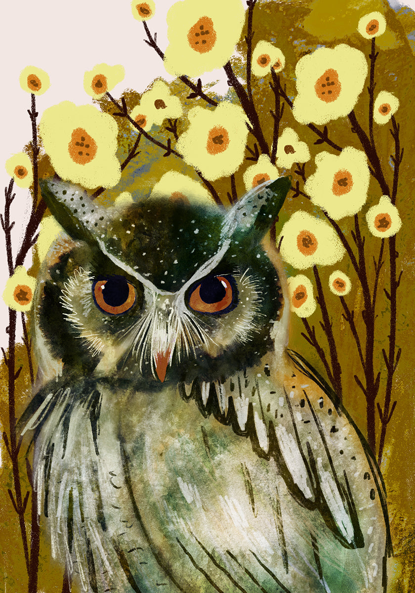 Owl & Flowers (Retro Storybook) Print
