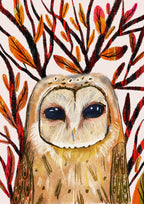 Owl & Leaves (Retro Storybook) Print
