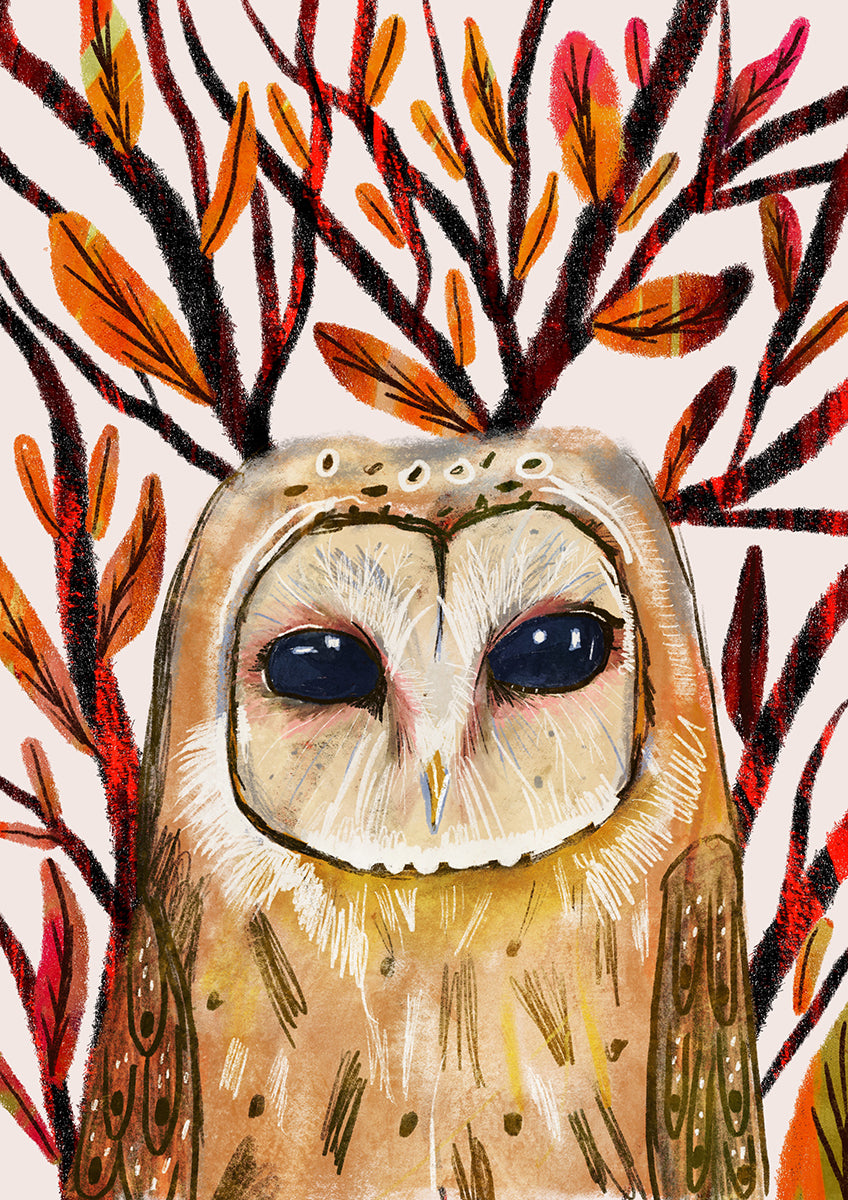 Owl & Leaves (Retro Storybook) Print