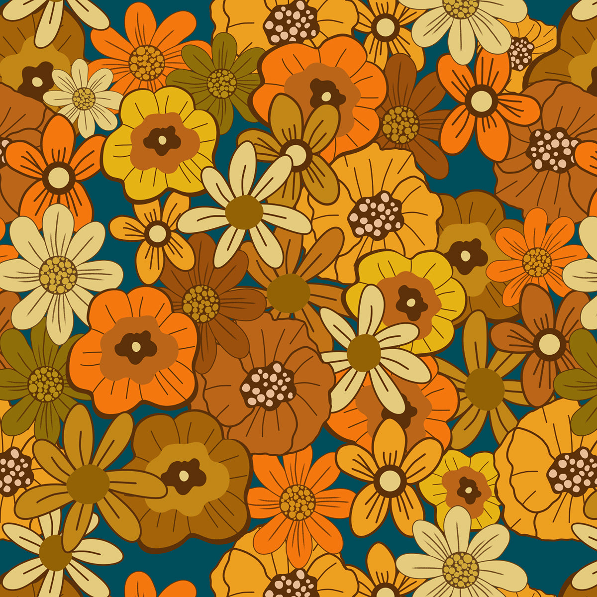 Retro Flower Power Wrapping Paper, Teal (50x70cm)