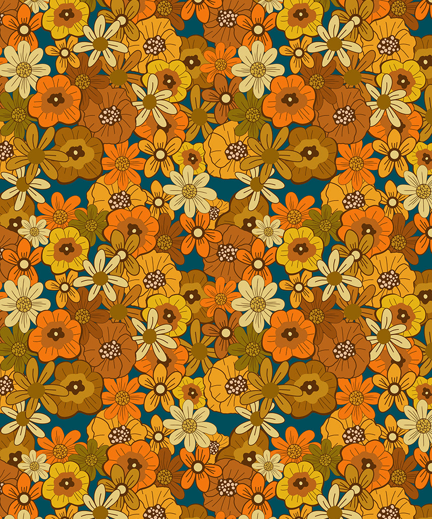 Retro Flower Power Wrapping Paper, Teal (50x70cm)